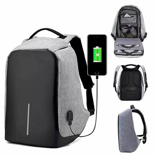 MOCHILA ANTIRROBO IMPERMEABLE CON PUERTO DE CARGA USB GRIS